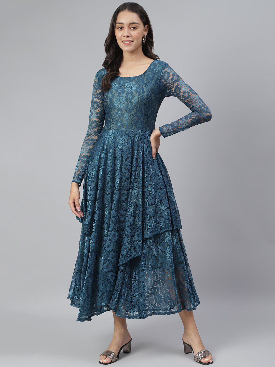 Cation Teal Floral Printed Layered Lace Maxi Dress