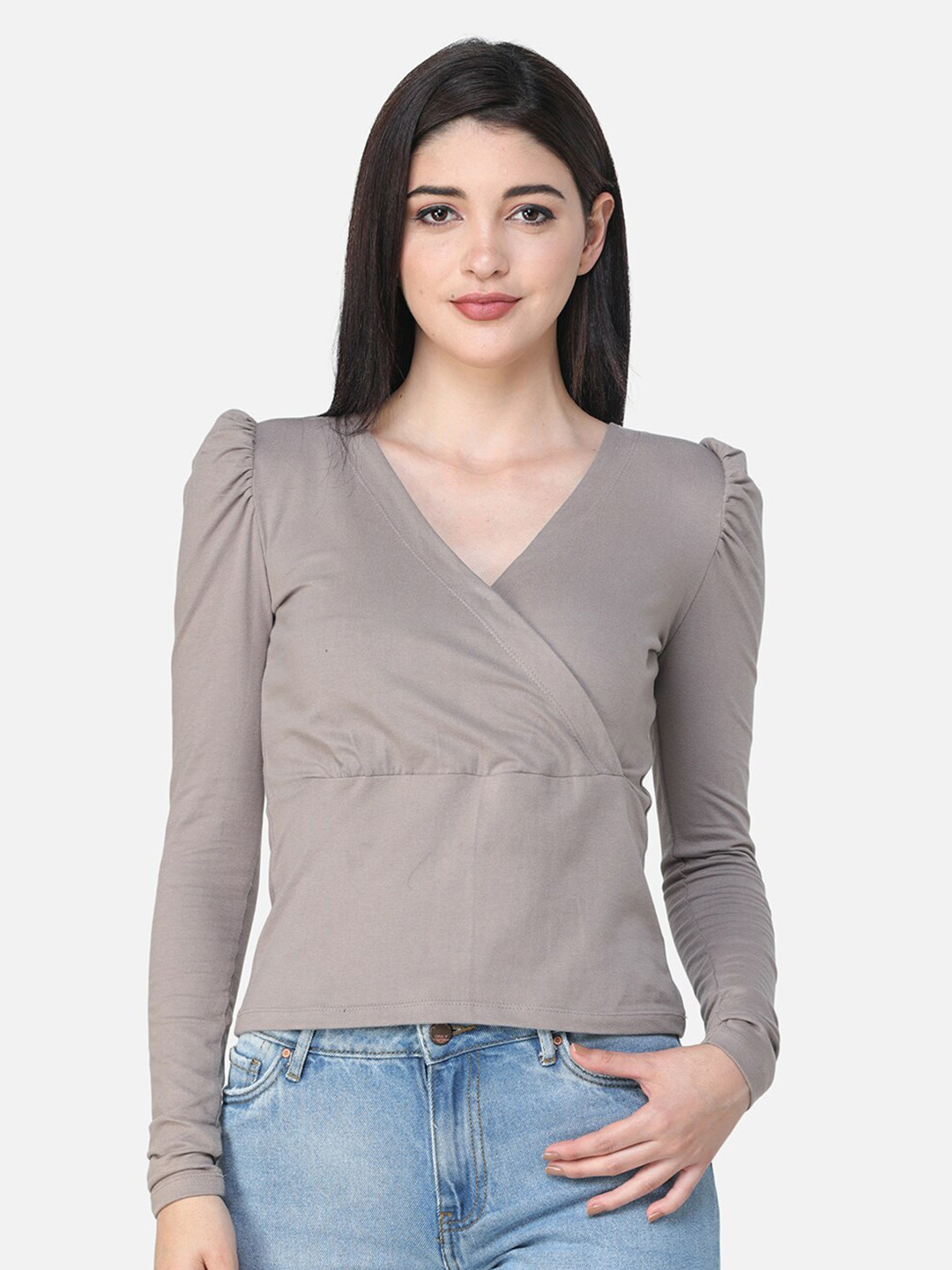 Cation Grey Melange Solid Wrap Top