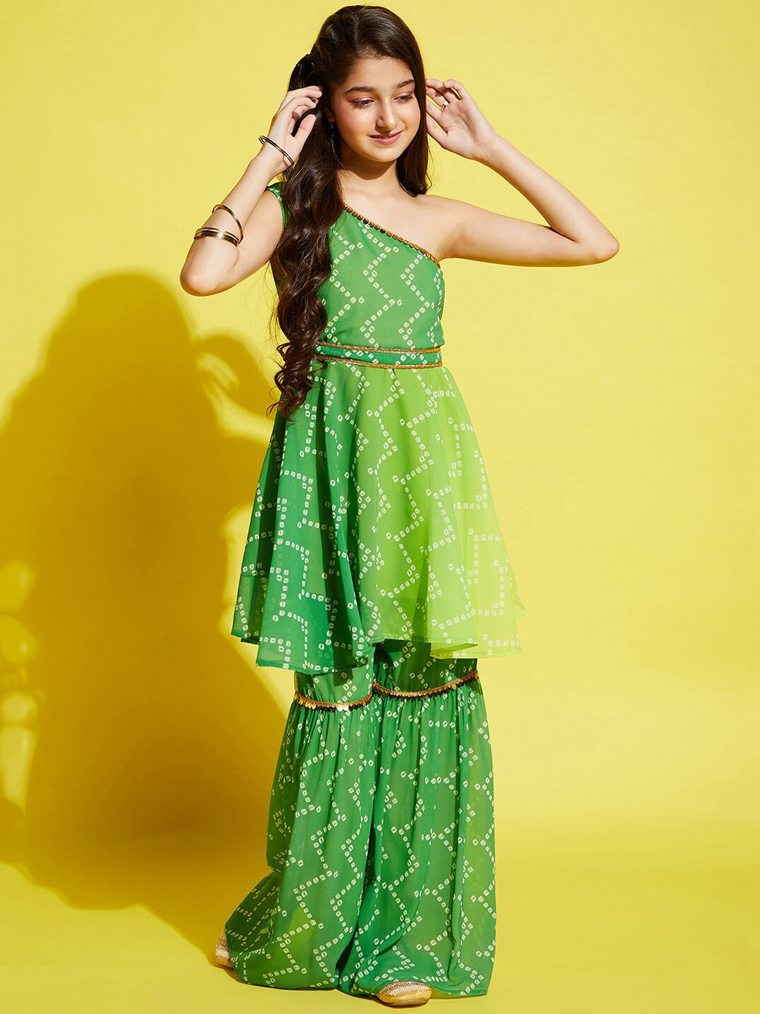 Cherry & Jerry Girls Bandhani Printed Empire Gotta Patti Kurta with Sharara