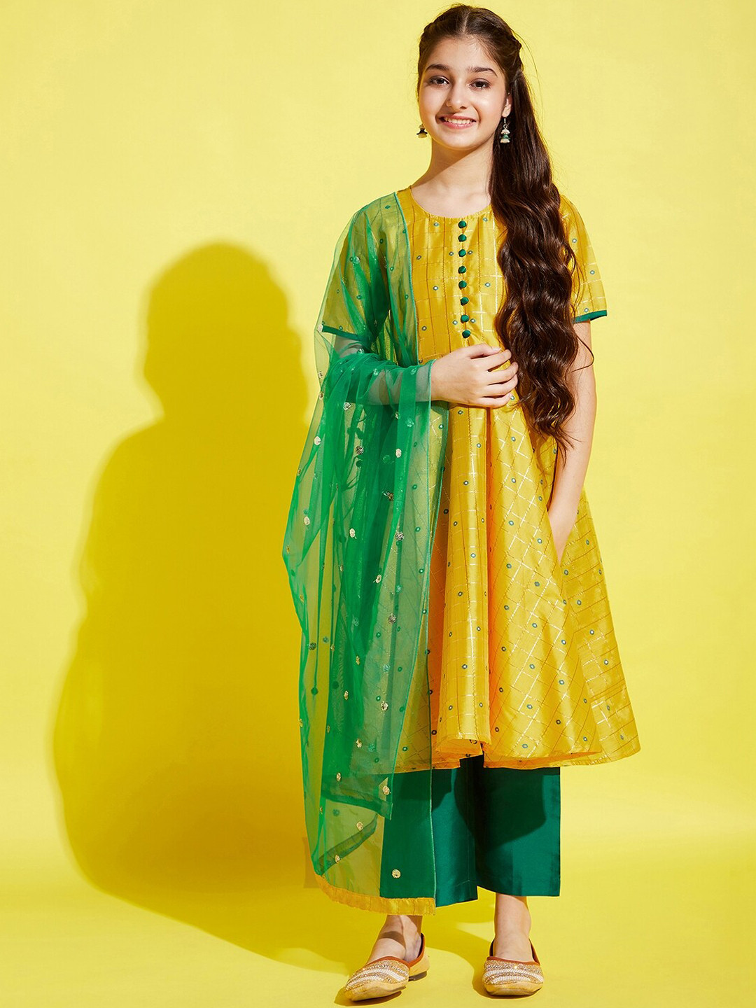 Cherry & Jerry Girls Mirror Work Dupion Silk Kurta with Trousers & With Dupatta