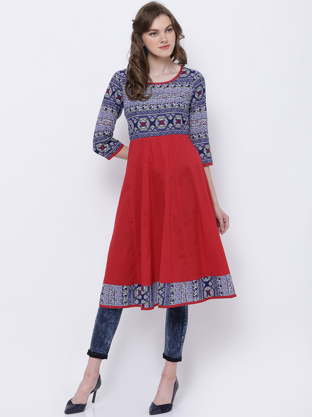 Vishudh Women Red & Blue Printed Anarkali Kurta
