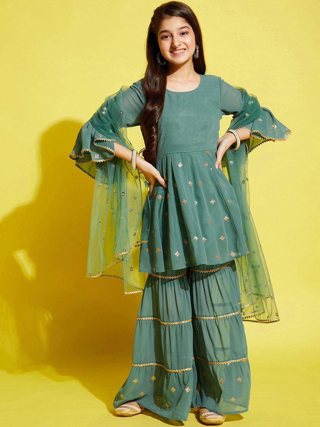 Cherry & Jerry Girls Embroidered Empire Sequinned Kurta with Sharara & With Dupatta