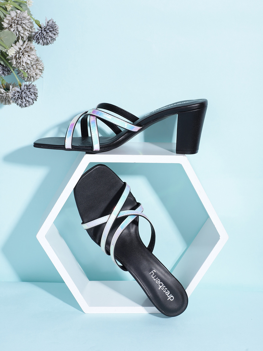DressBerry Women Cross Straps Iridescent Effect Block Heels
