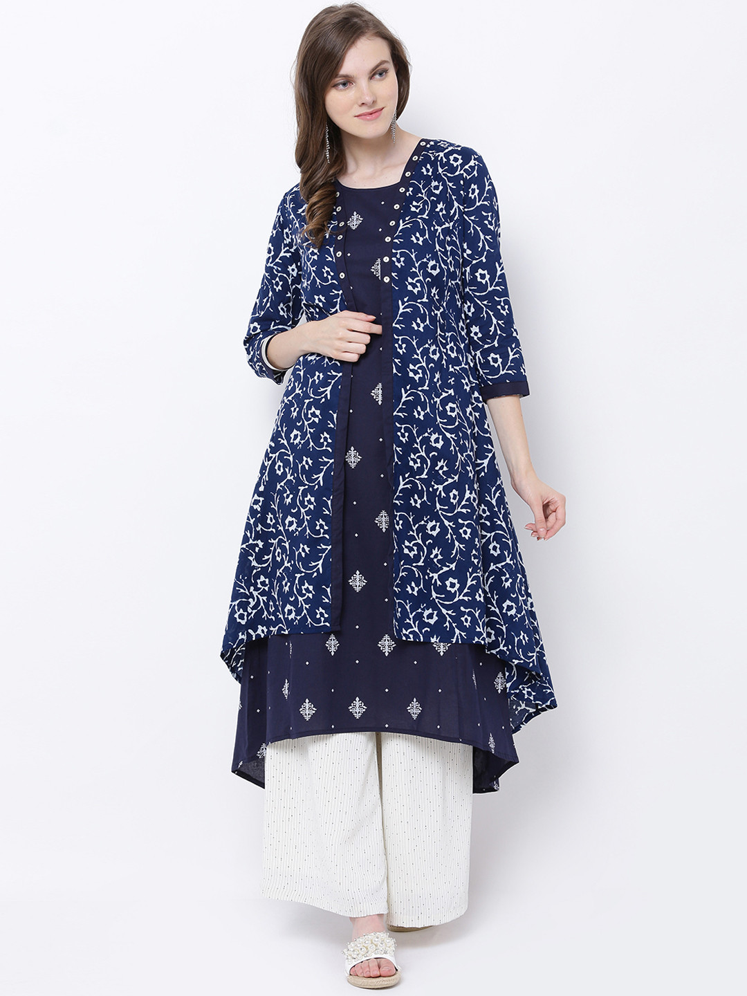 Vishudh Women Navy Blue Printed A-Line Kurta with Jacket