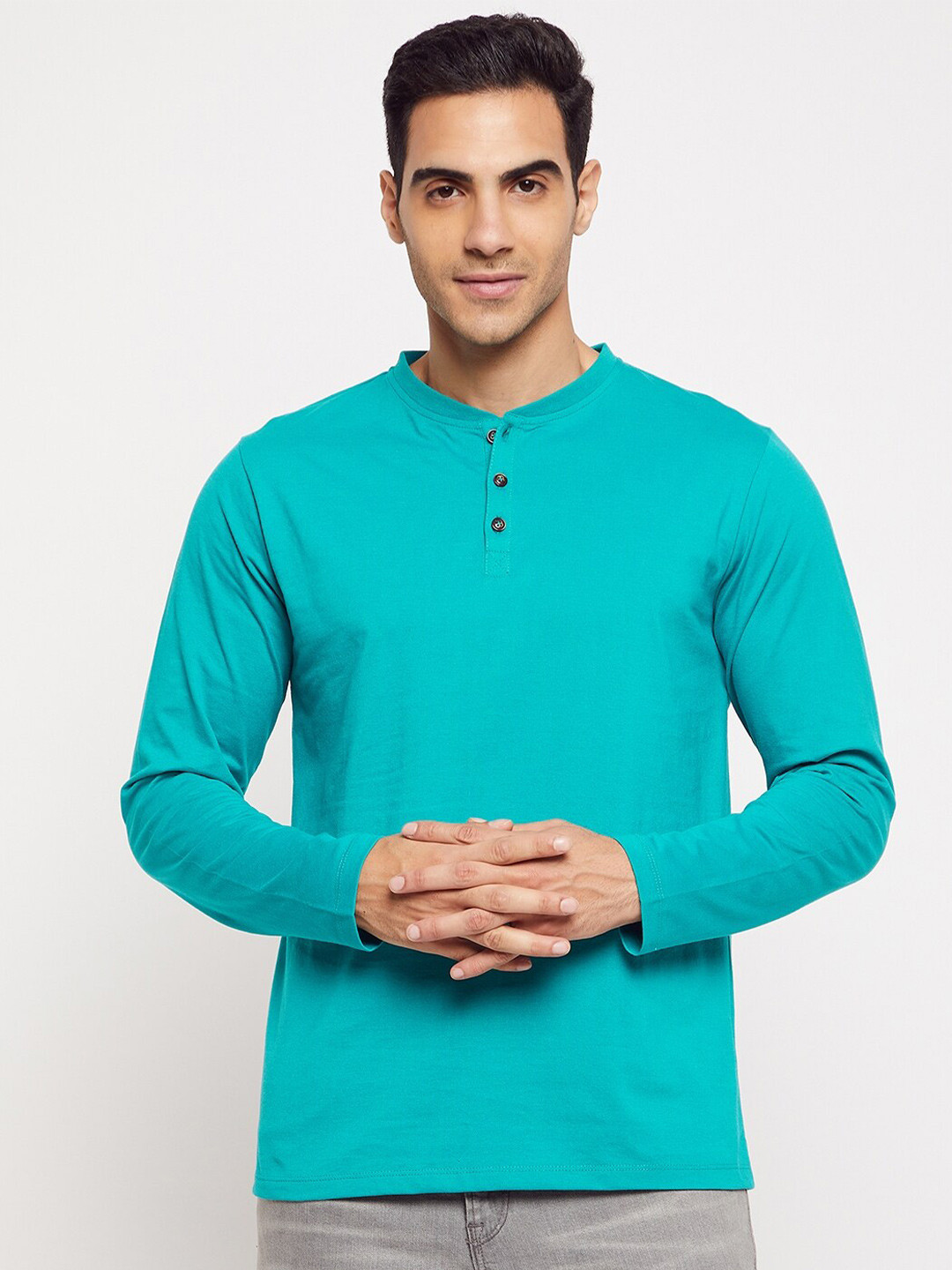 HARBOR N BAY Men Sea Green Henley Neck T-shirt