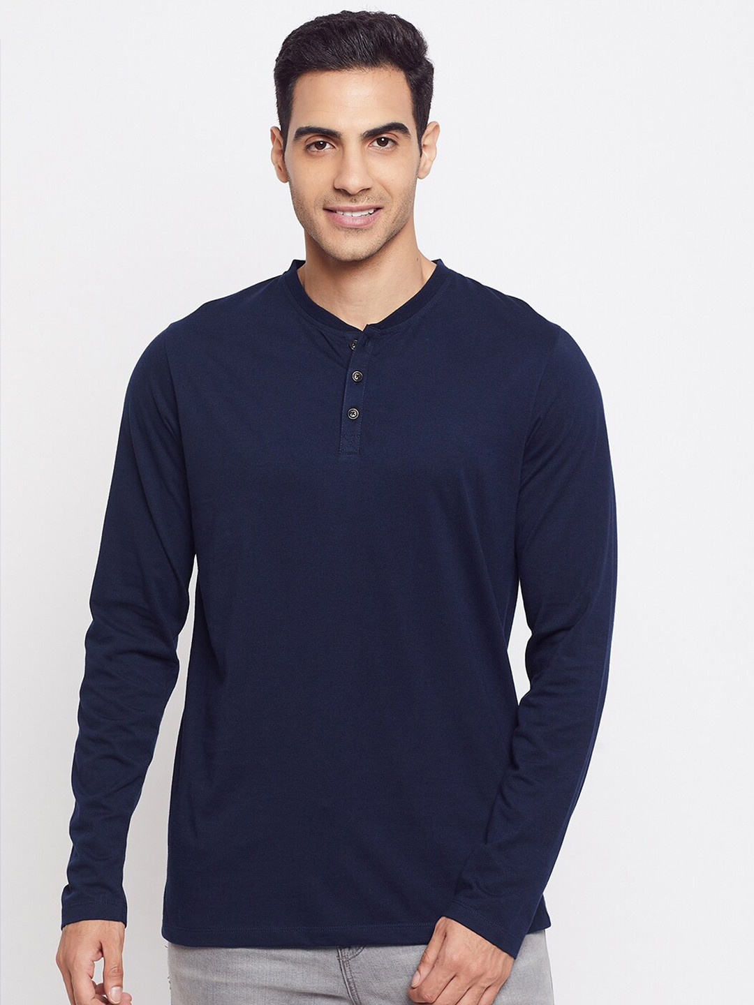 HARBOR N BAY Men Navy Blue Henley Neck T-shirt