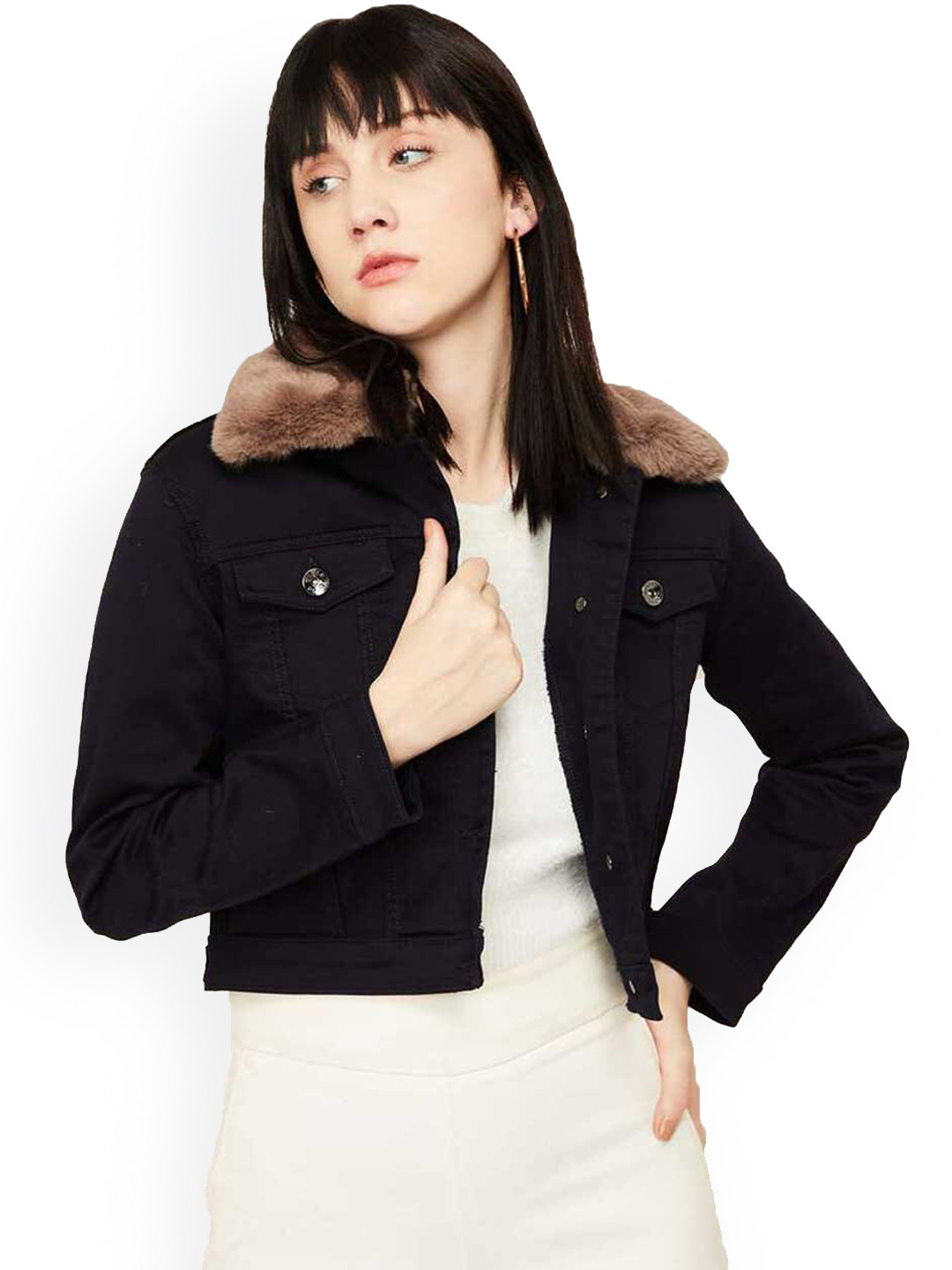 Xpose Women Navy Blue Crop Tailored Jacket with Faux Fur Trim