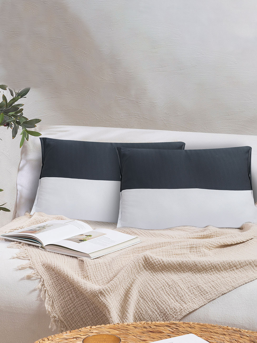 JD x Grey Solid Polyester Set of 2 Medium Fibre Sleep Pillow-60 x 40 x 10 cm