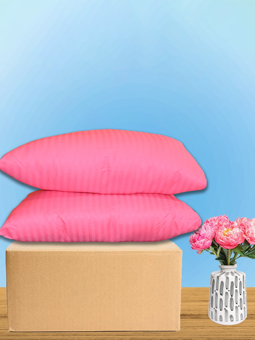 JD x Pink Striped Polyester Set of 2 Medium Fibre Sleep Pillow-64 x 38 x 10 cm