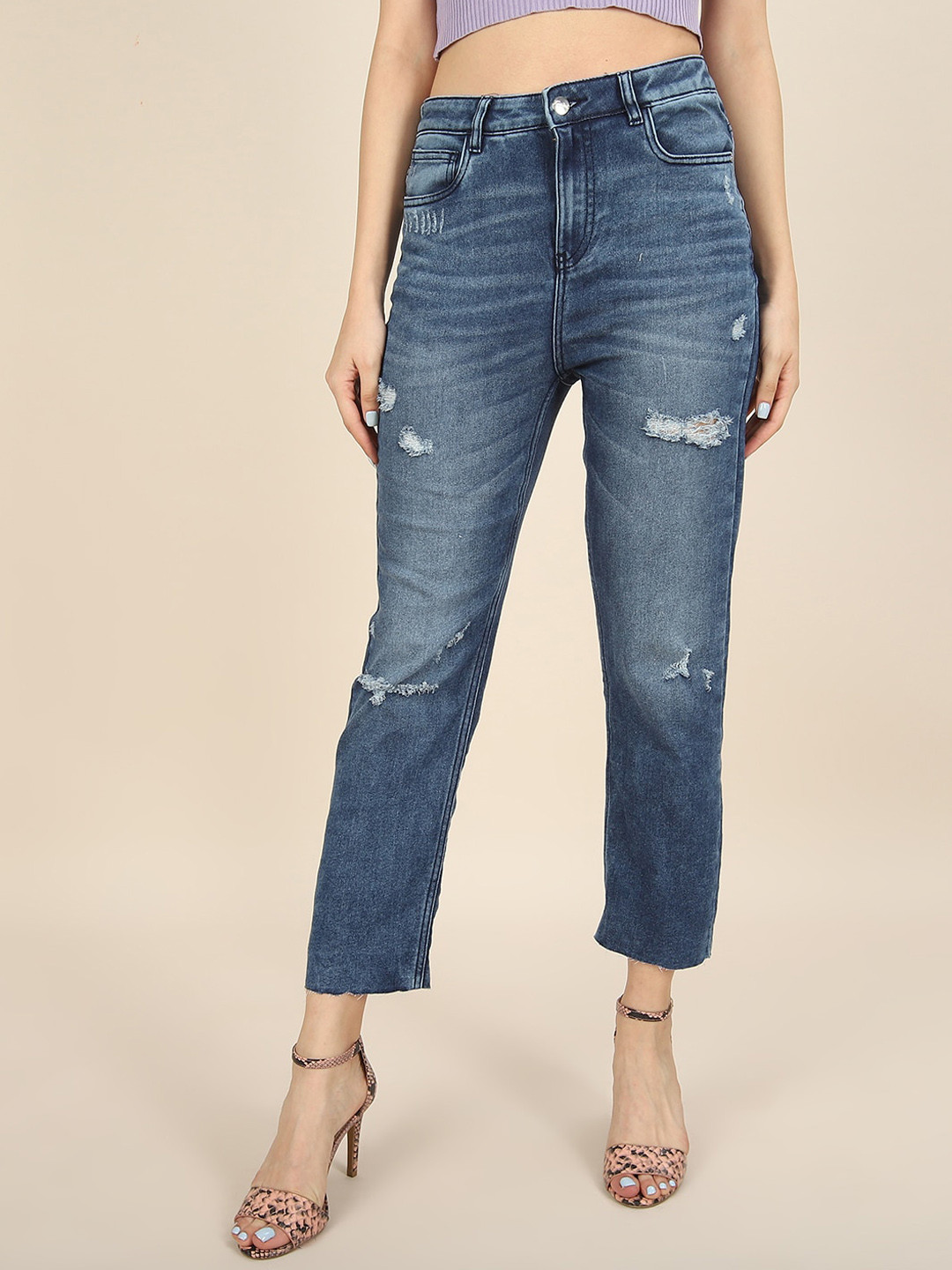 Freehand by The Indian Garage Co Women Straight Fit Mildly Distressed Cotton Jeans