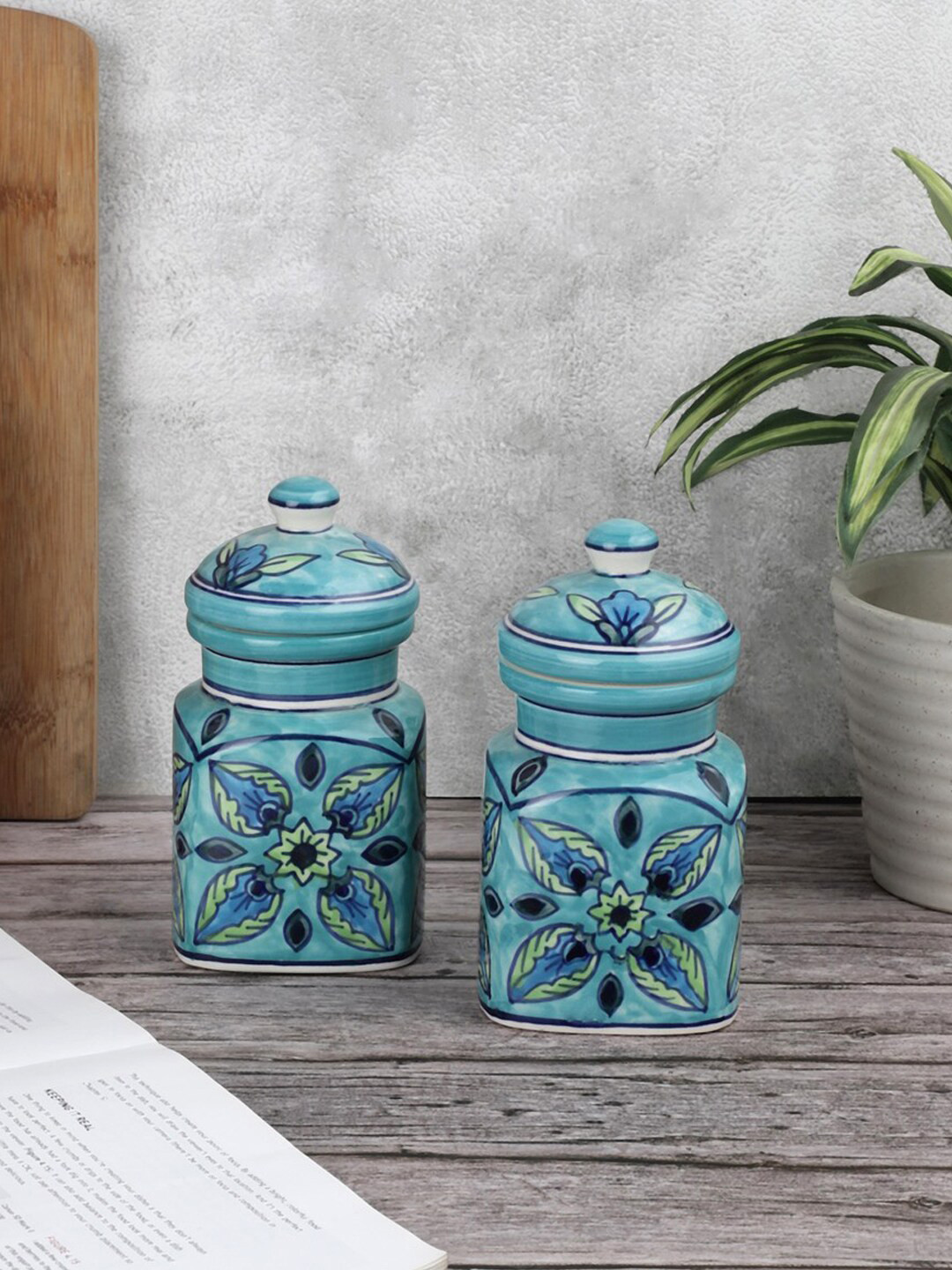 Vareesha Vrinda Green Floral Ceramic Air Tight 2 Piece Flip Top Jar-400ml