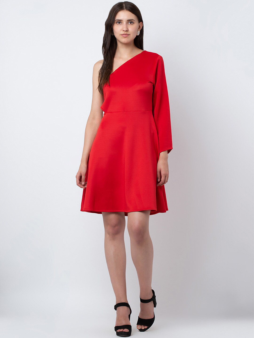DODO & MOA Red One Shoulder Fit And Flare Dress