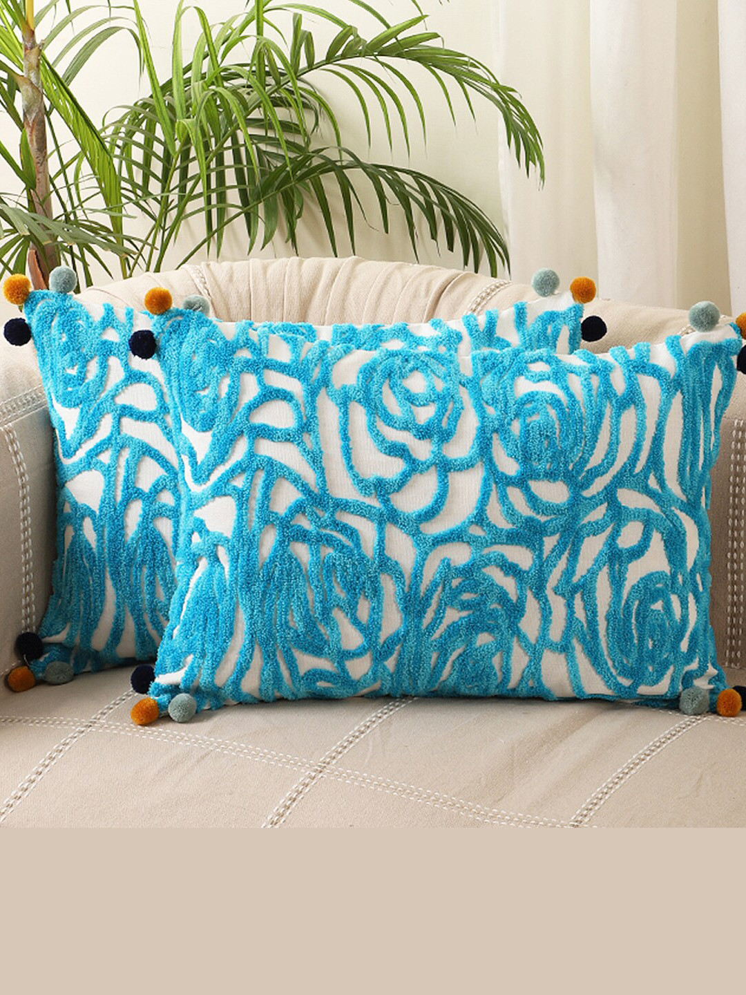 Jamio Firati Blue & White 2 Pieces Embroidered Rectangle Cushion Covers