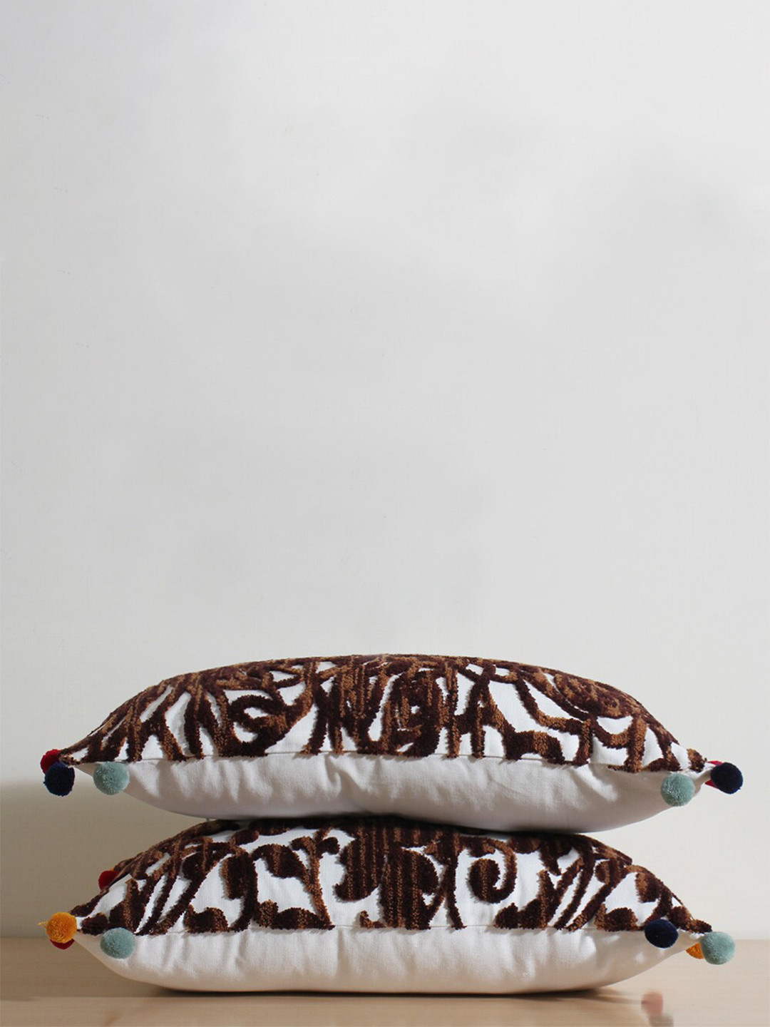 Jamio Firati Brown & White Embroidered Rectangle Cushion Cover