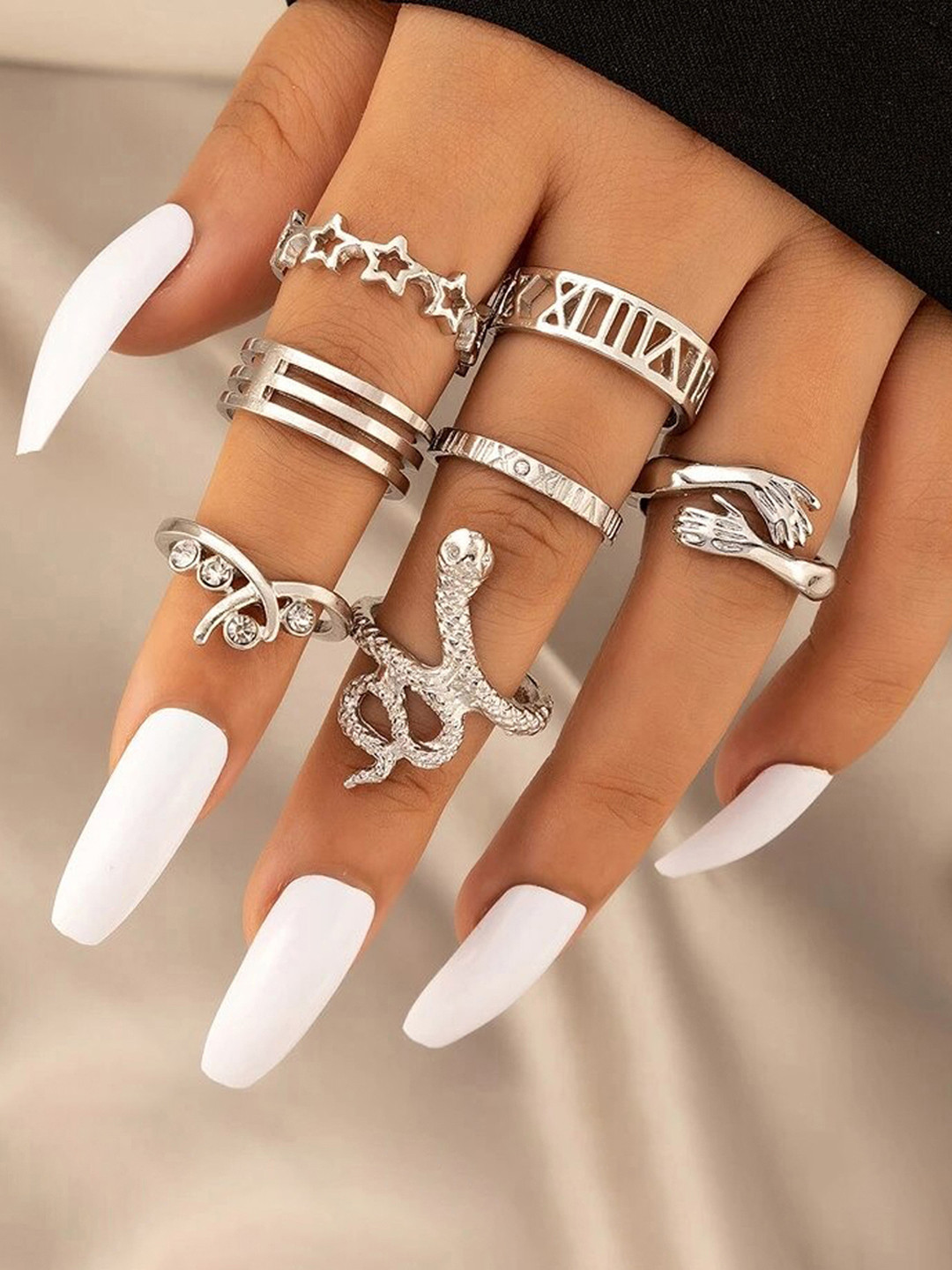 Jewels Galaxy Set of 7 Silver-Plated Stackable Finger Rings
