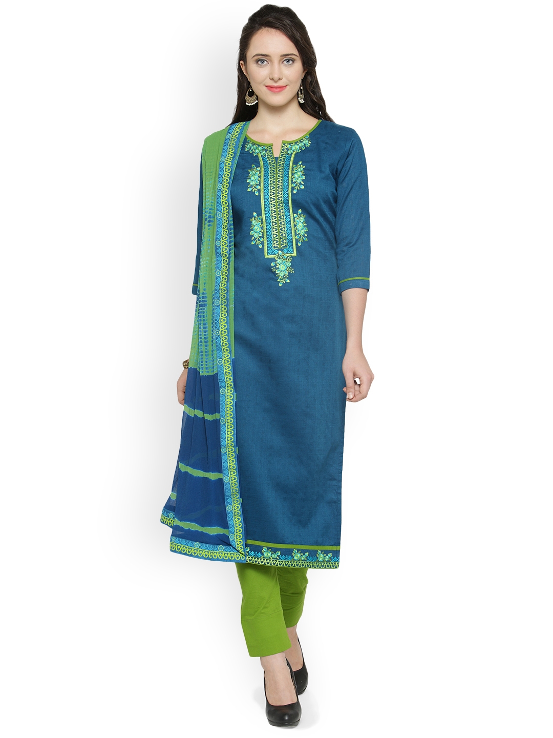 Buy Kvsfab Teal Blue & Green Pure Cotton Unstitched Dress Material - Dress  Material for Women 2102859 | Myntra