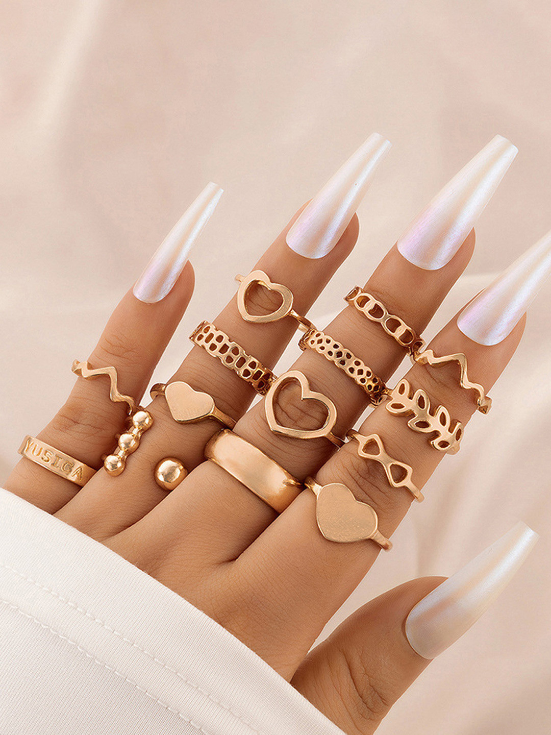 Jewels Galaxy Set Of 14 Gold-Plated Heart Inspired Stackable Finger Rings