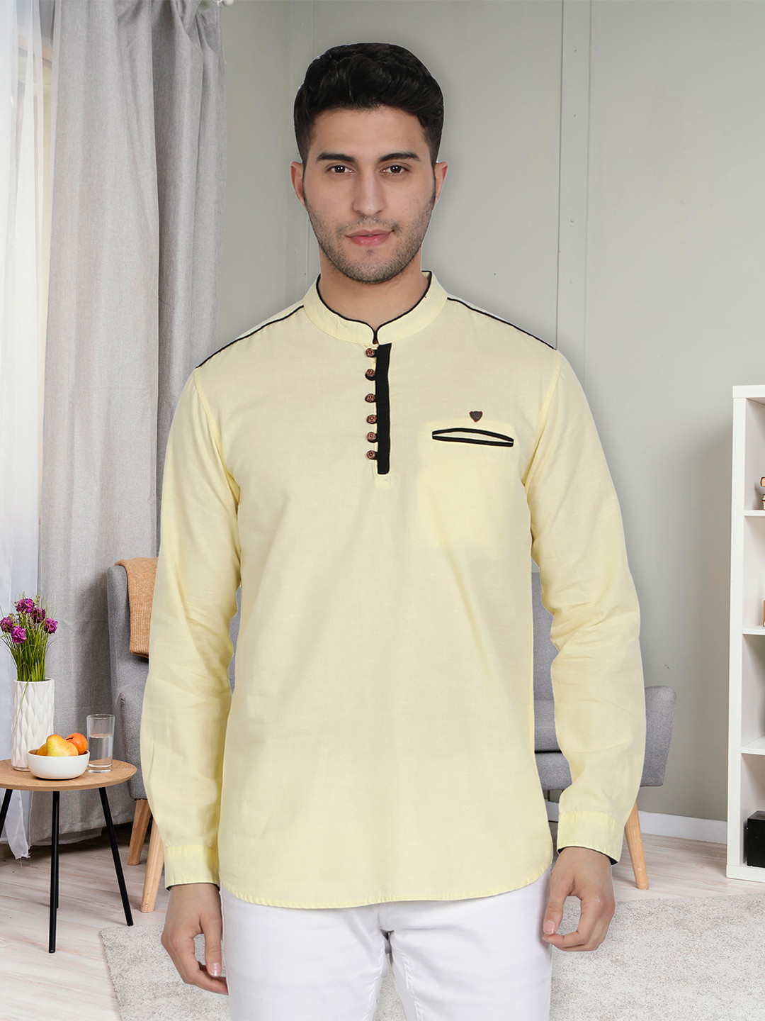 Kuons Avenue Pastels Curved Hem Linen Kurta with Pocket Detail