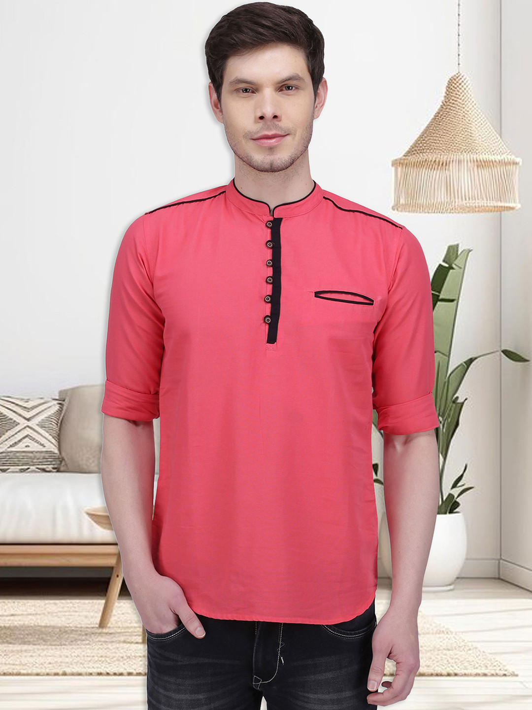 Kuons Avenue Curve Hem Pastels Linen Kurta with Pocket Detail