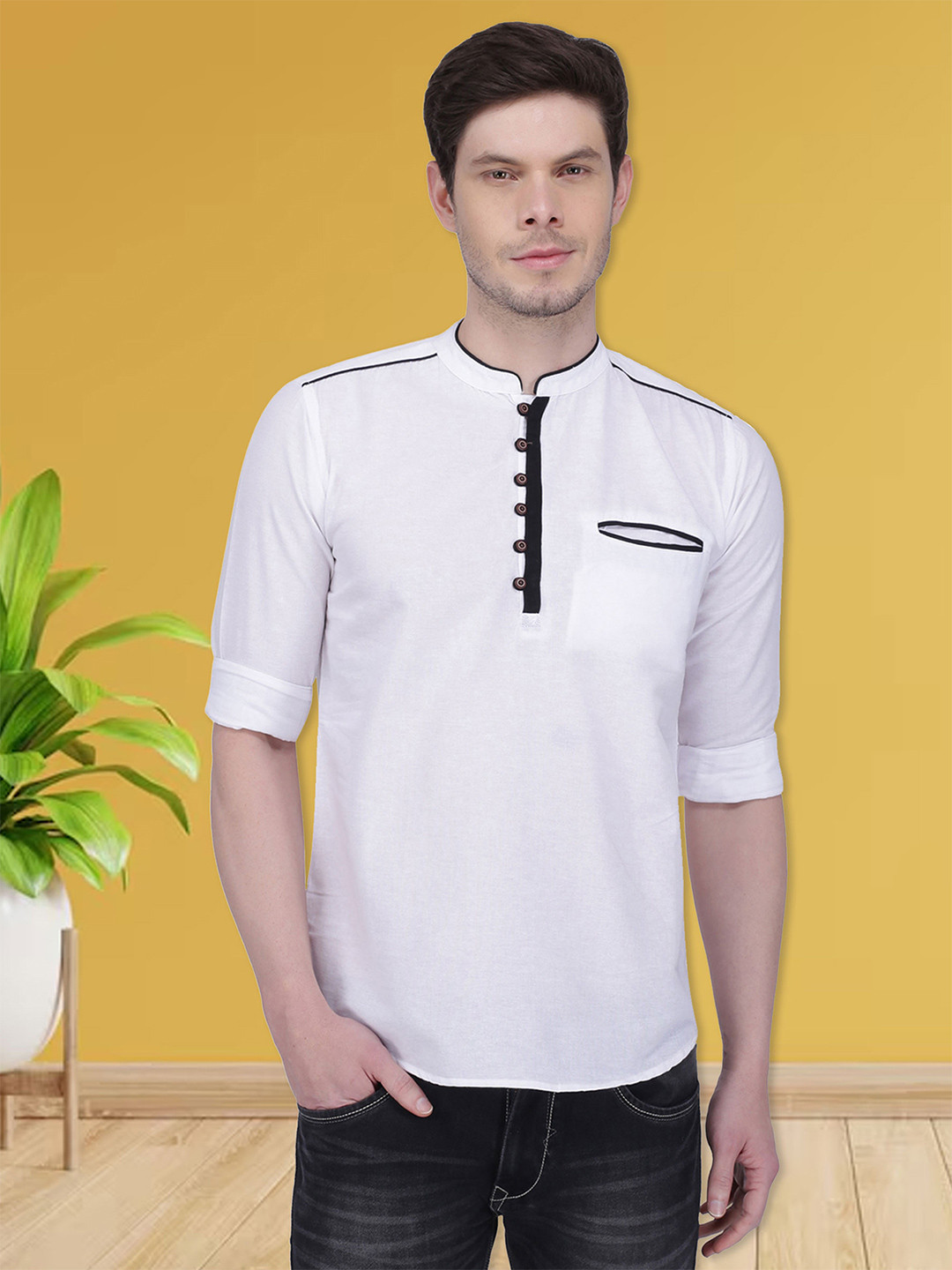 Kuons Avenue Curved Hem Linen Kurta with Pocket Detail