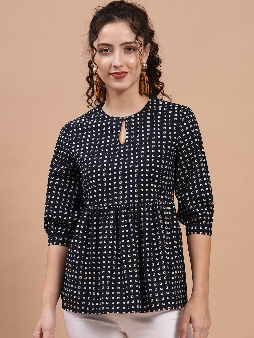 Beatnik Navy Blue & White Floral Print Keyhole Neck Peplum Top