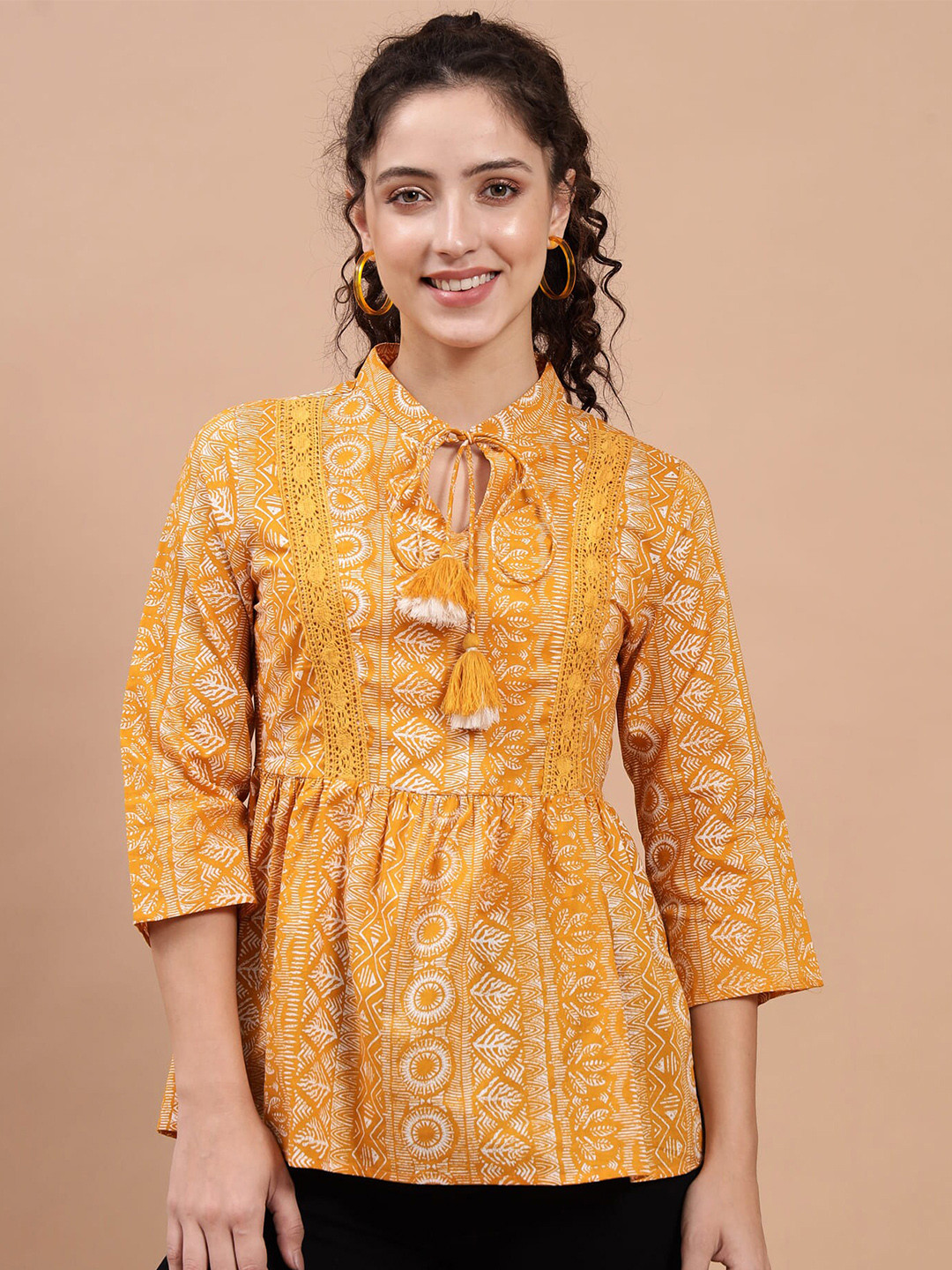 Beatnik Mustard Yellow & White Print Tie-Up Neck Peplum Top