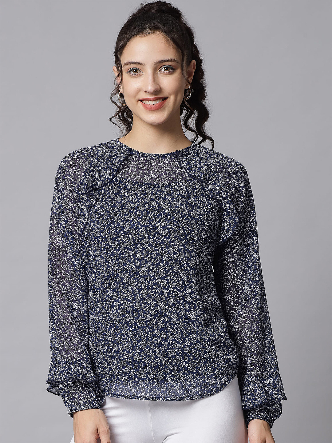 Beatnik Blue & White Floral Print Top