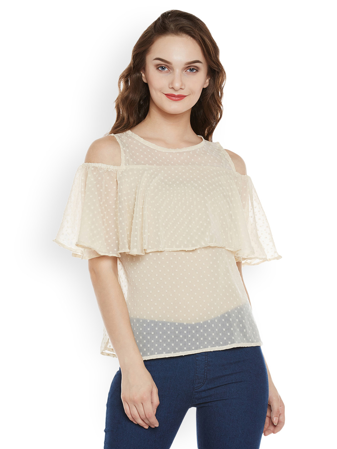 Miss Chase Women Beige Self-Design Sheer Cold Shoulder Top