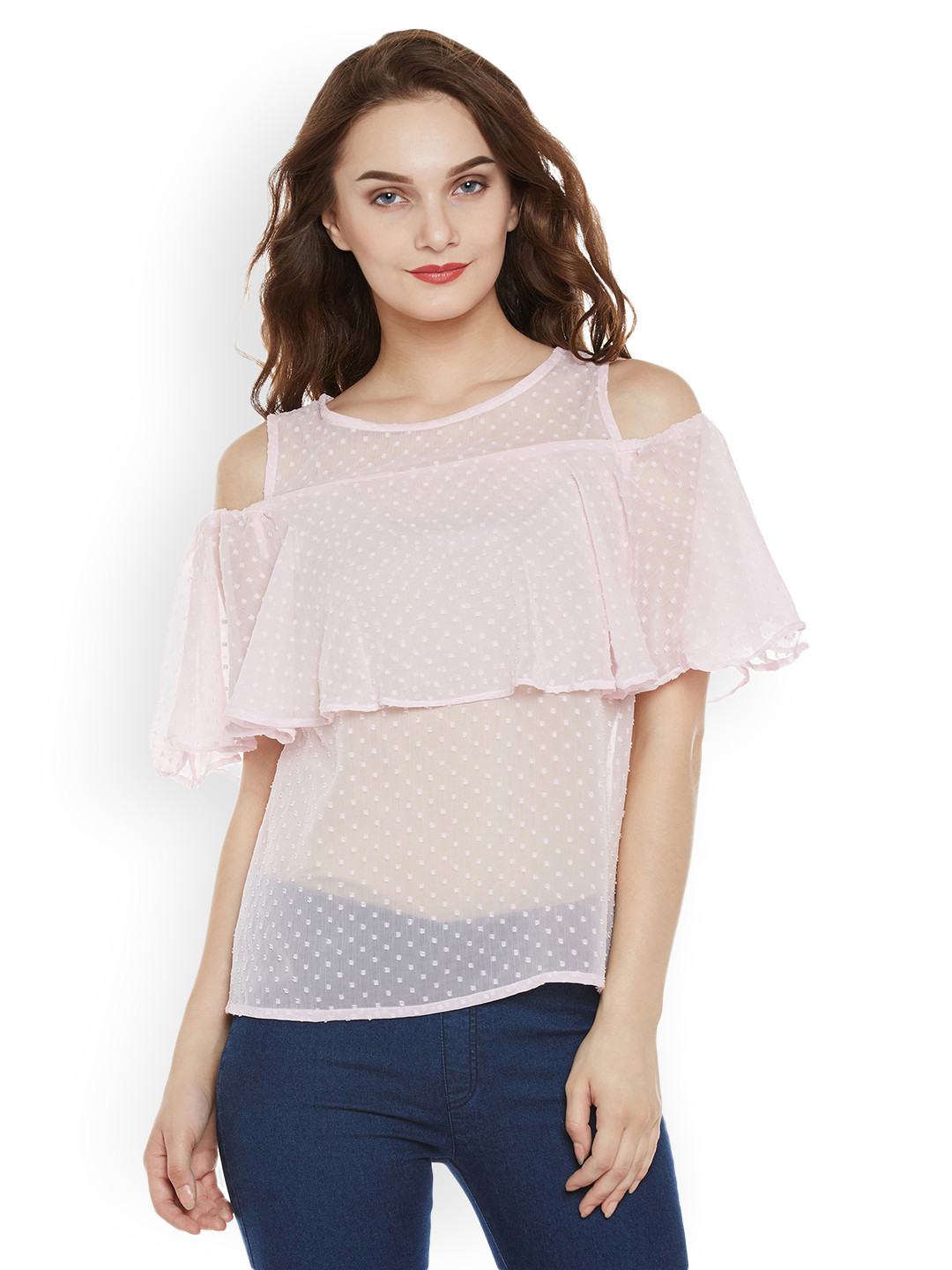 Miss Chase Women Dusty Pink Self-Design Sheer Cold Shoulder Top