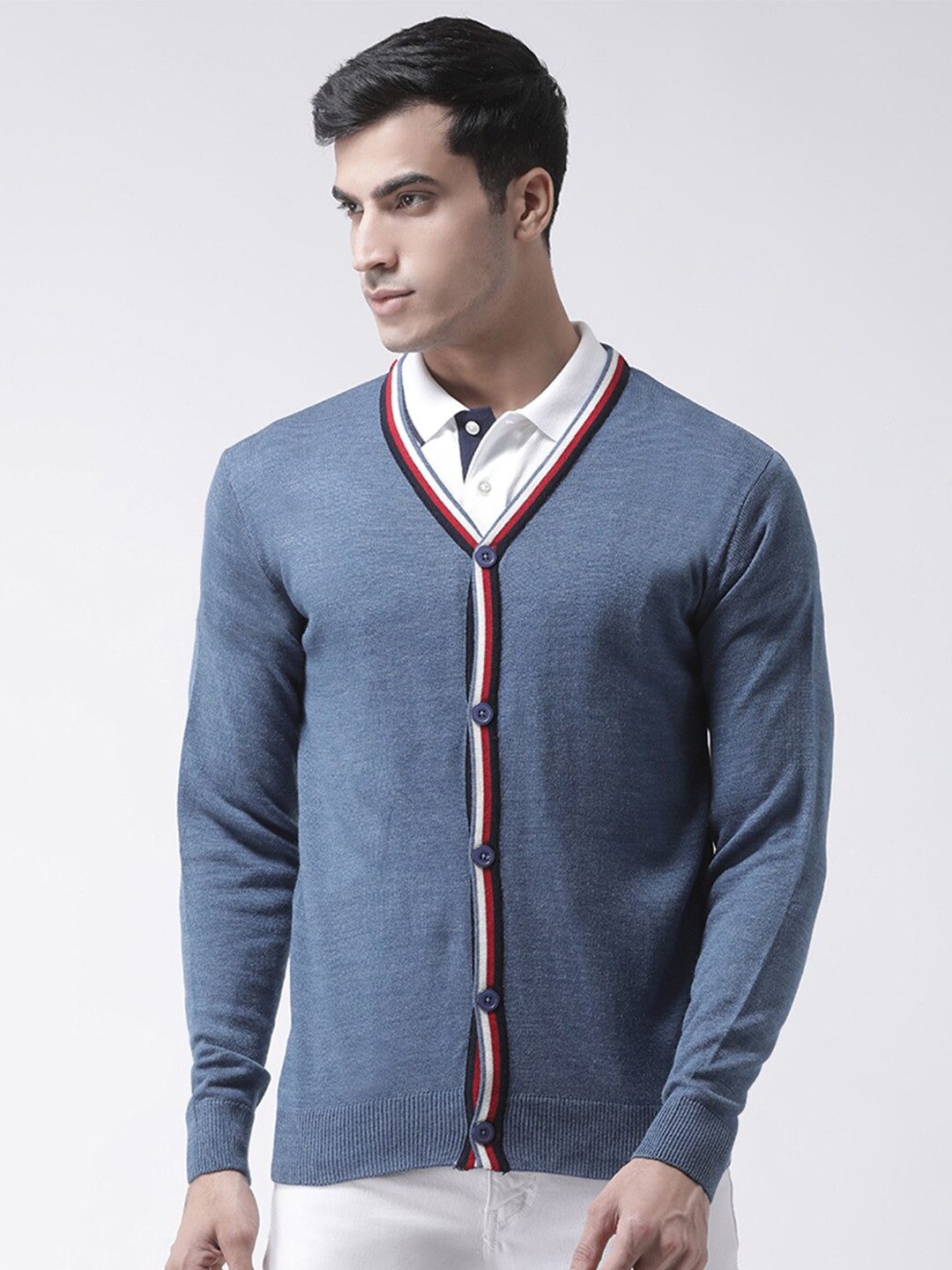 Club York Men Blue & White Acrylic Cardigan