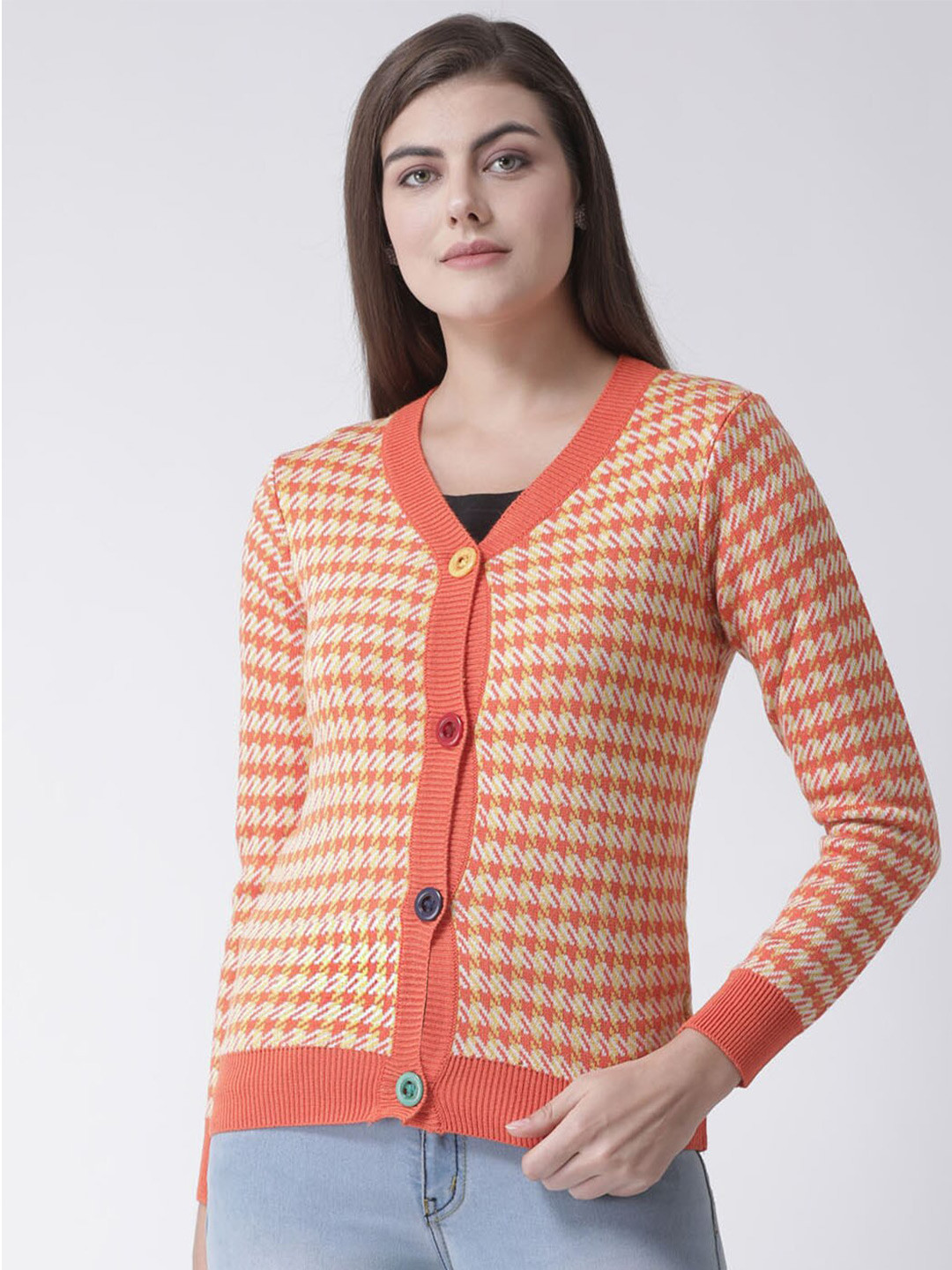 Club York Women Orange & Yellow Checked Long Sleeves Cardigan