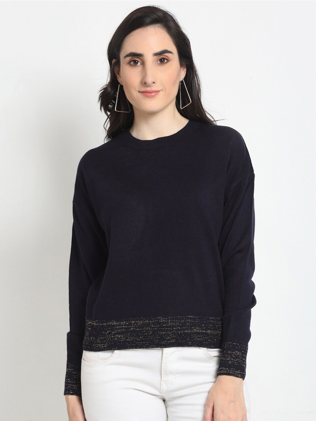 Club York Women Navy Blue Round Neck Long Sleeves Wool Pullover