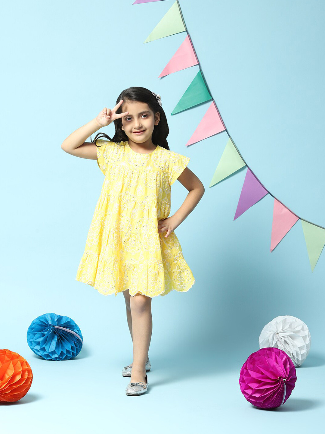 Biba Yellow Floral Cotton Embroidered Ethnic A-Line Dress