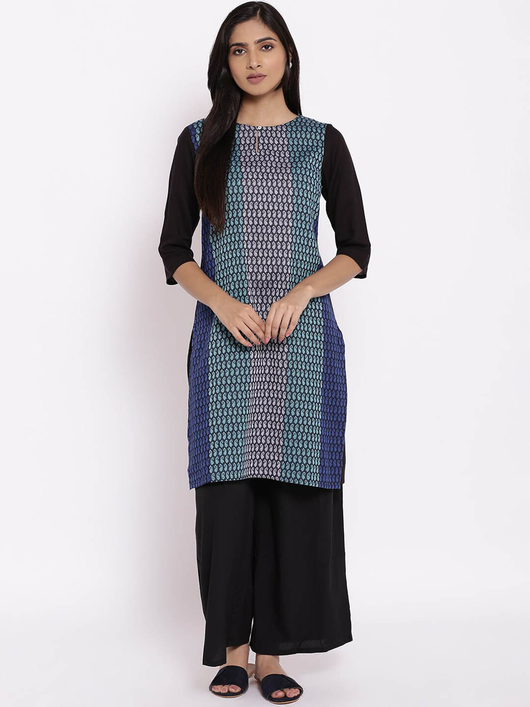 W Women Black Paisley Pure Cotton Kurta with Palazzo Set