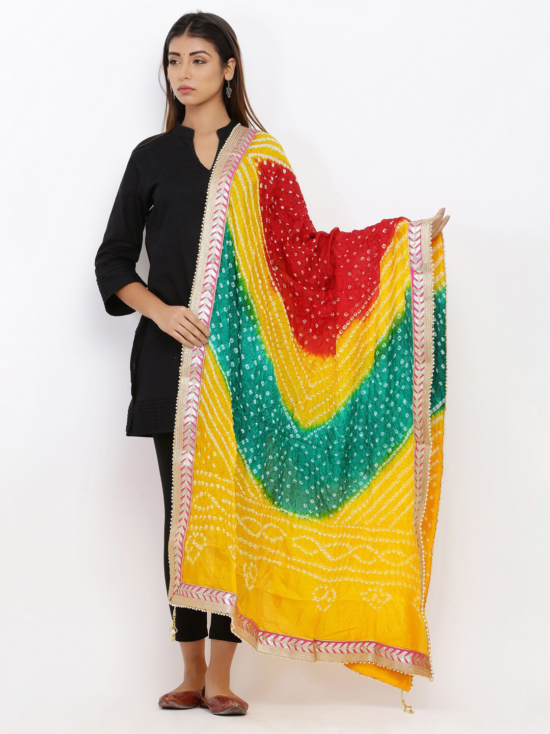 SOUNDARYA Woven Design Art Silk Bandhani Dupatta with Gotta Patti