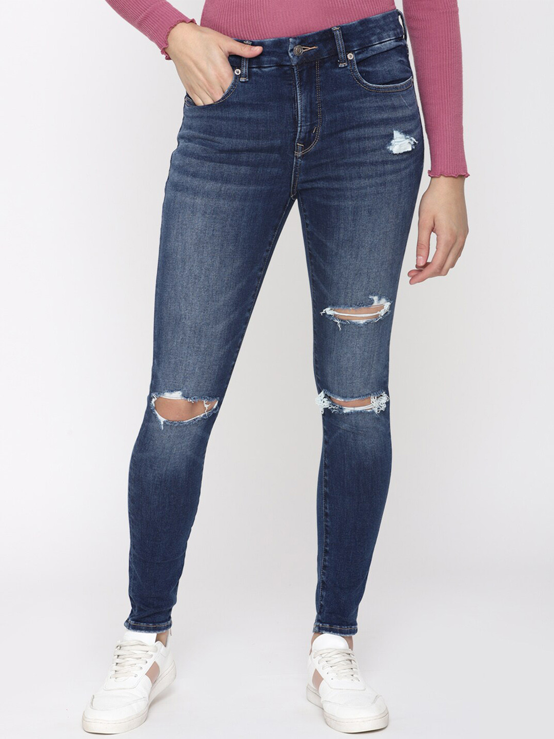 American Eagle Women Blue Ripped High Rise Jegging