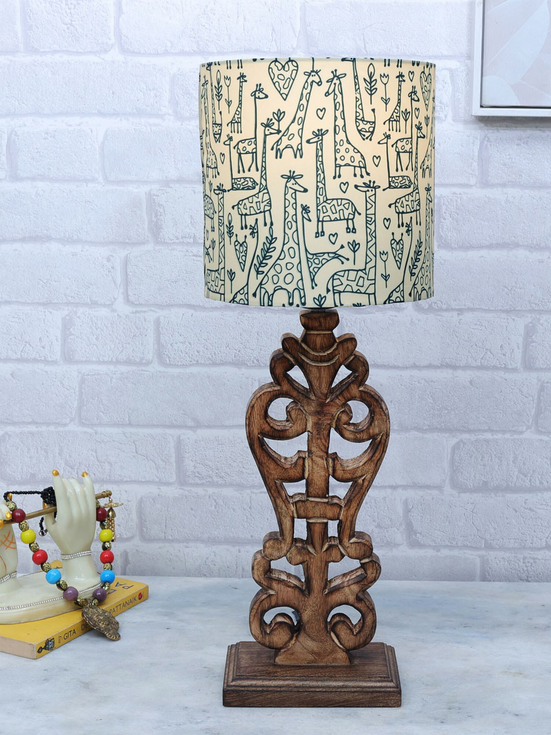 Homesake Sculptural Yellow & Brown Printed Wood Table Lamp With Savannah shade