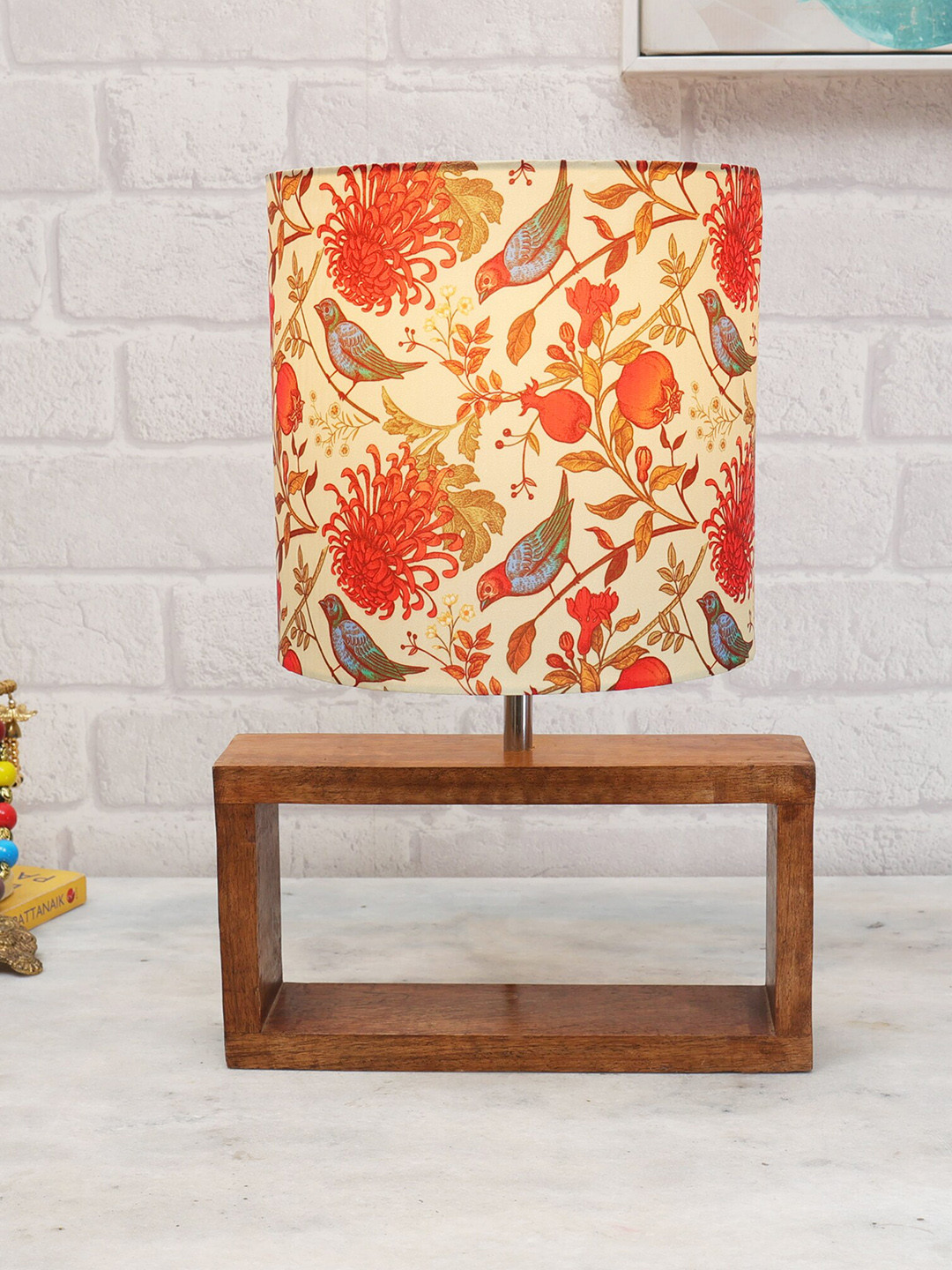 Homesake Walnut Beige & Red Rectangle Wooden Table Lamp With Shade & LED Bulb