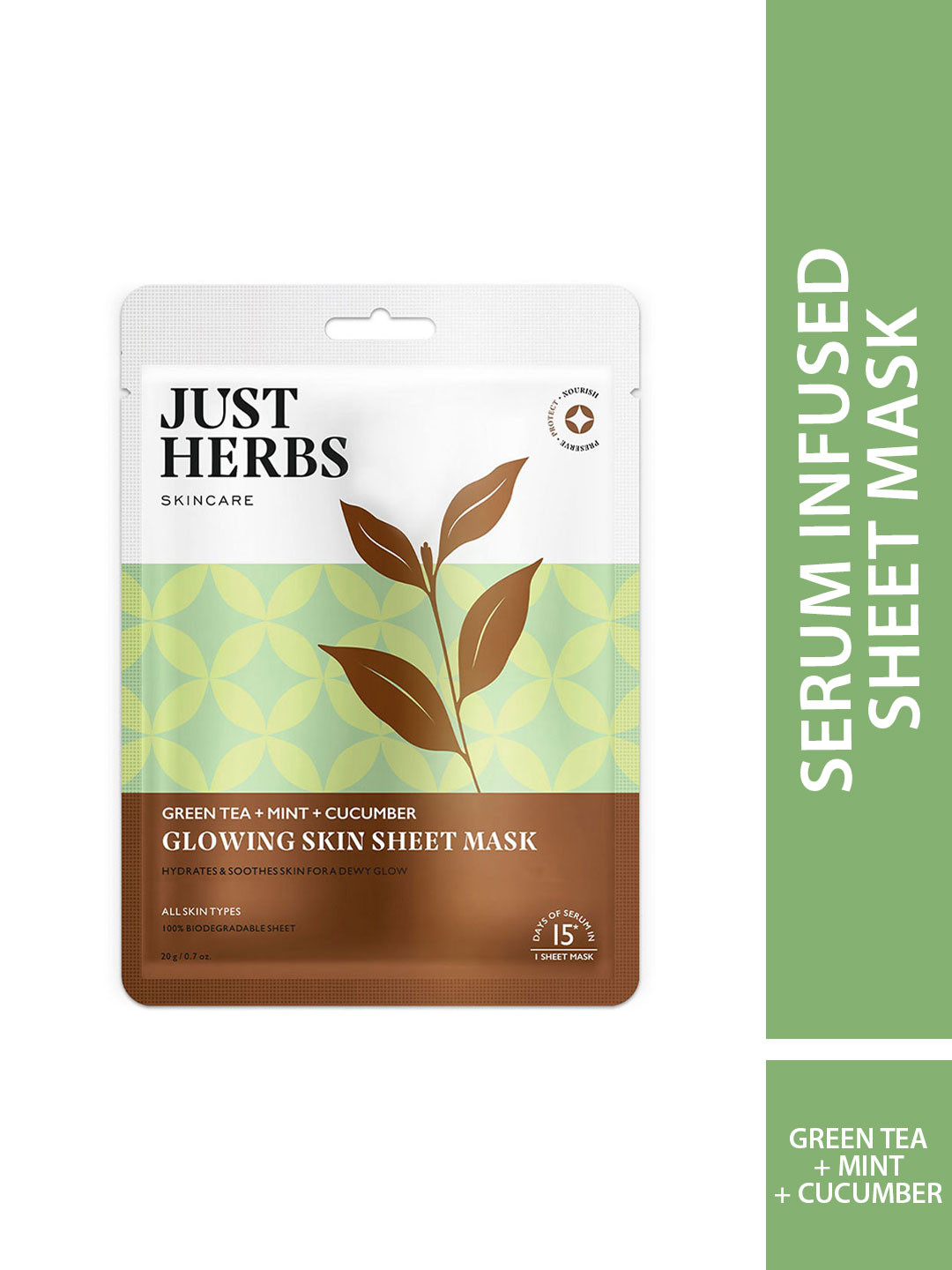 Just Herbs Green Tea + Mint + Cucumber Glowing Skin Sheet Mask 20 g