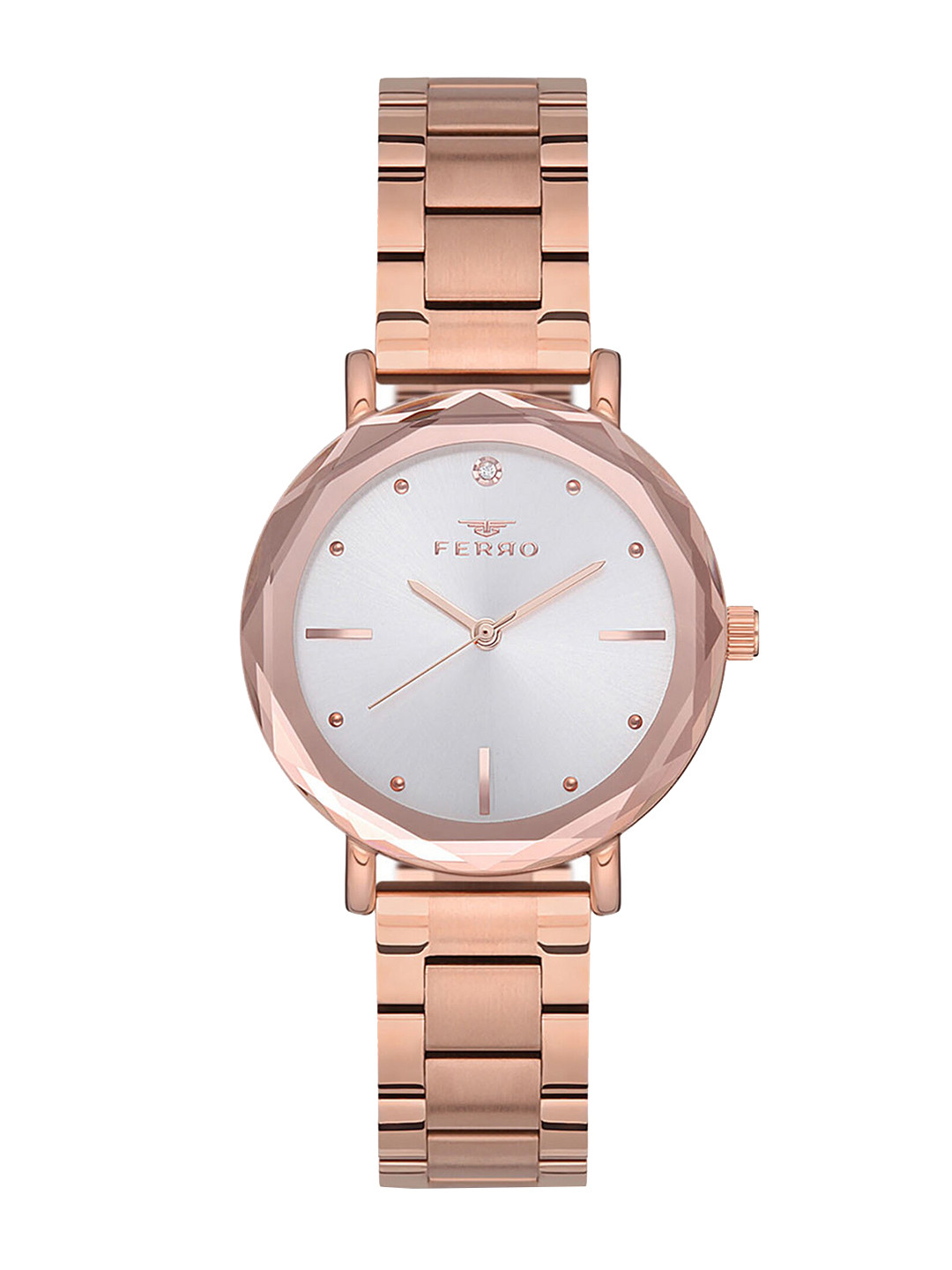 Ferro Women Silver-Toned Brass Dial & Rose Gold Toned Stainless Steel Bracelet Style Straps Analogue Watch