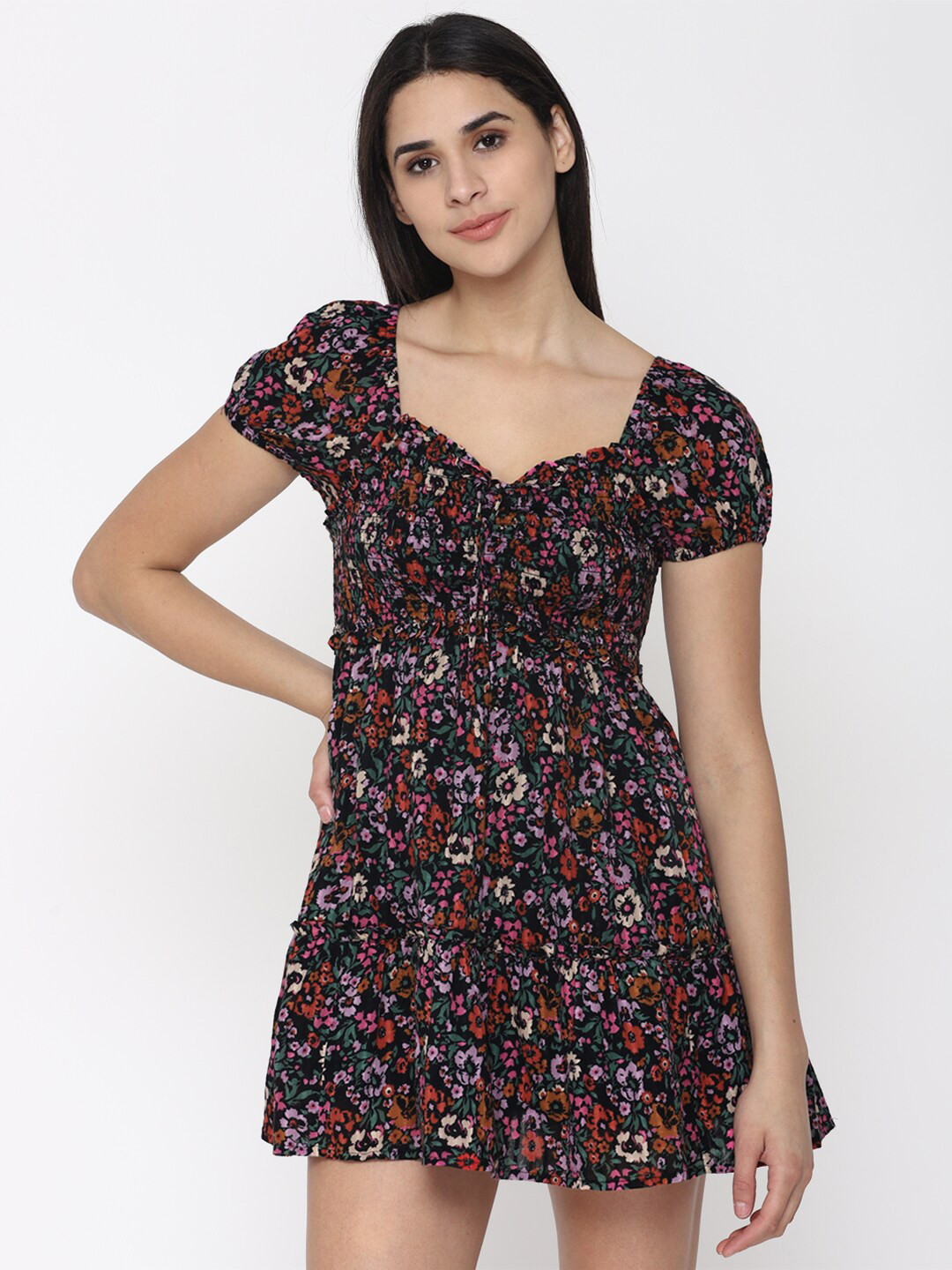 AMERICAN EAGLE OUTFITTERS Black & Red Floral Cotton Mini Dress