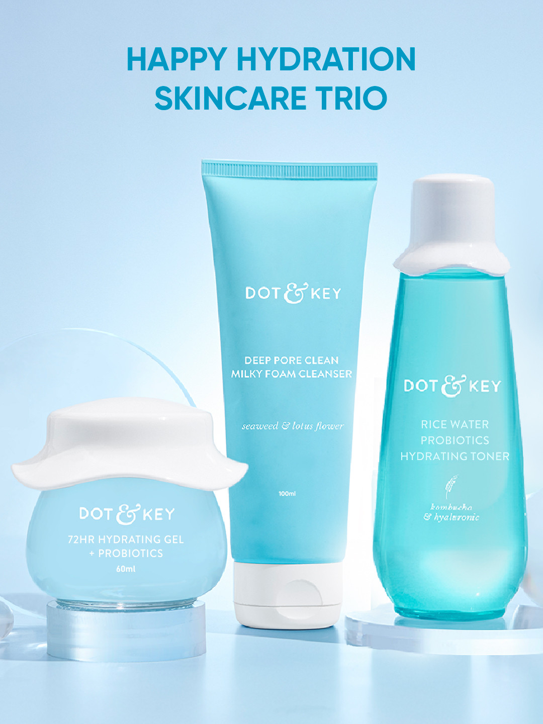 DOT & KEY 72Hr Hydrating Gel + Rice Water Toner + Deep Pore Clean Face Wash - 310 ml