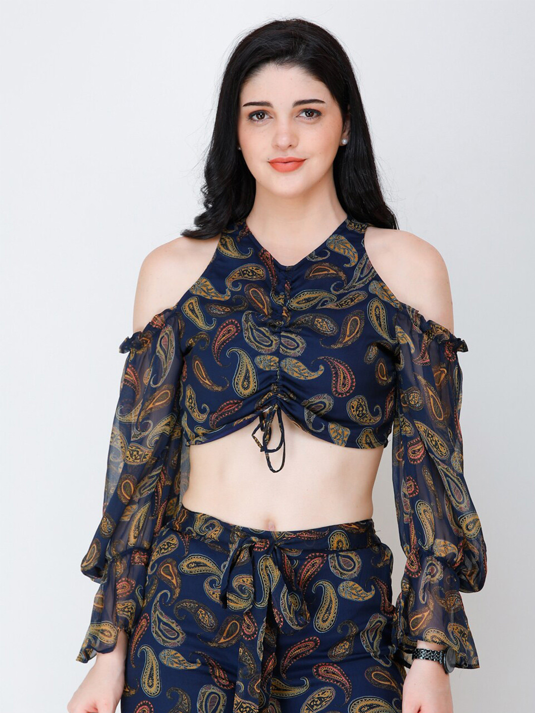 Cation Printed Chiffon Ruched Crop Top