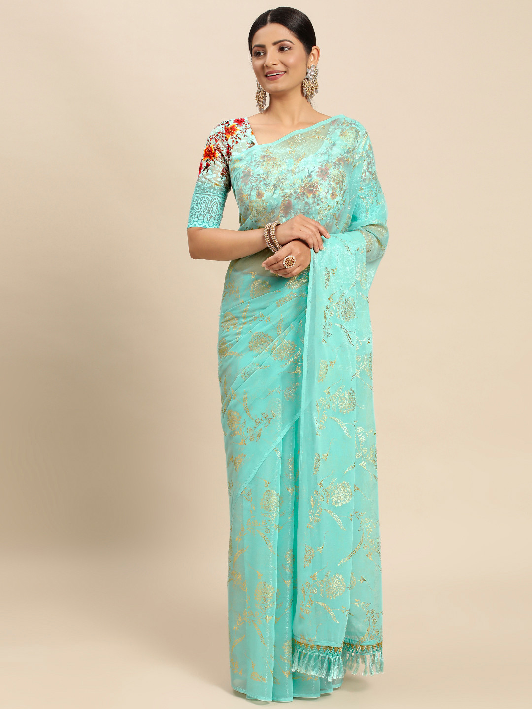 Mitera Turquoise Blue Floral Pure Chiffon Saree