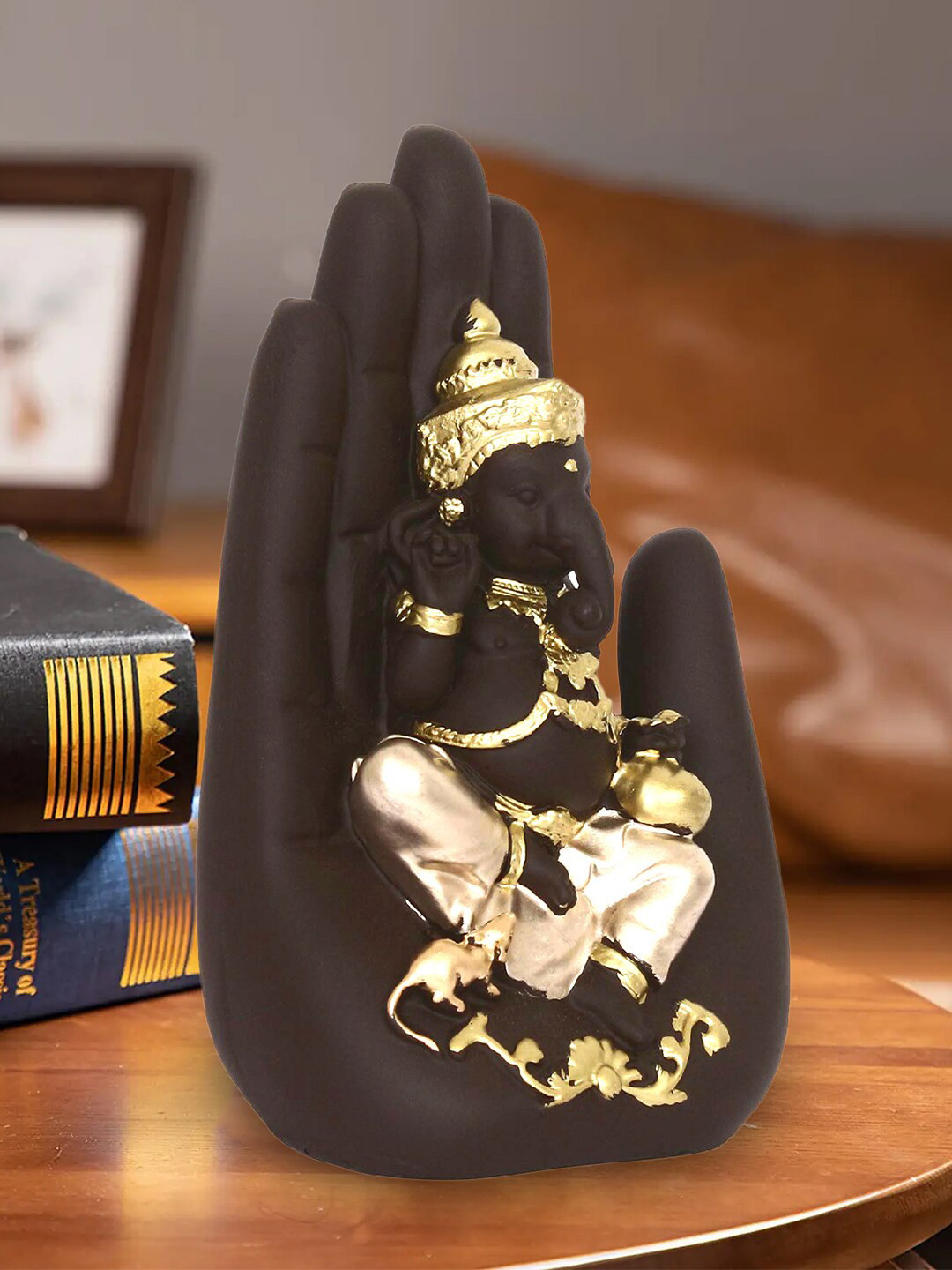 Kuber Industries Palm Ganesha Brown Polyresin Matte Prayer Room Hand-Crafted Medium Showpiece - 6.3 Inches