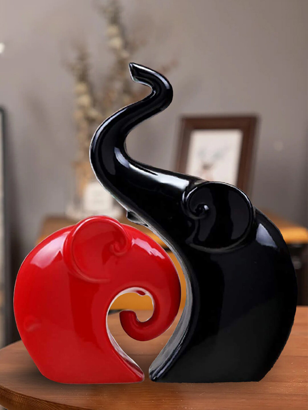Kuber Industries Elephant Couple Black Ceramic Glossy Living Room Set of 2 Small Showpieces - 0.8 Inches