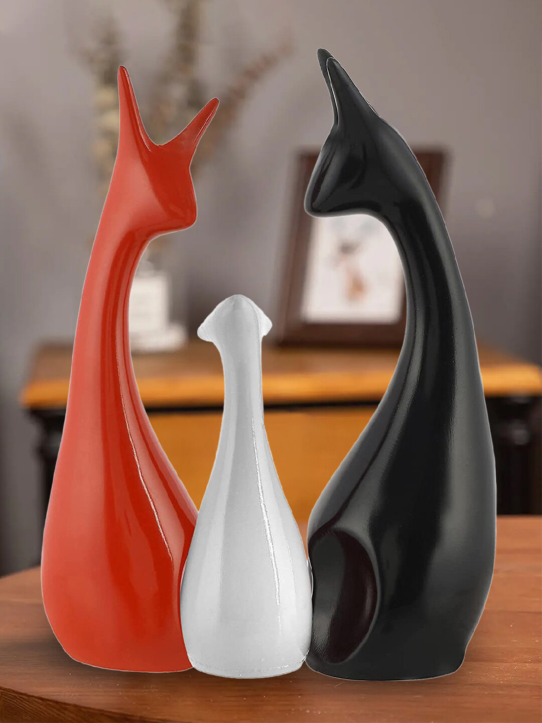 Kuber Industries Deer Family Red Ceramic Glossy Living Room Set of 3 Medium Showpieces - 0.8 Inches