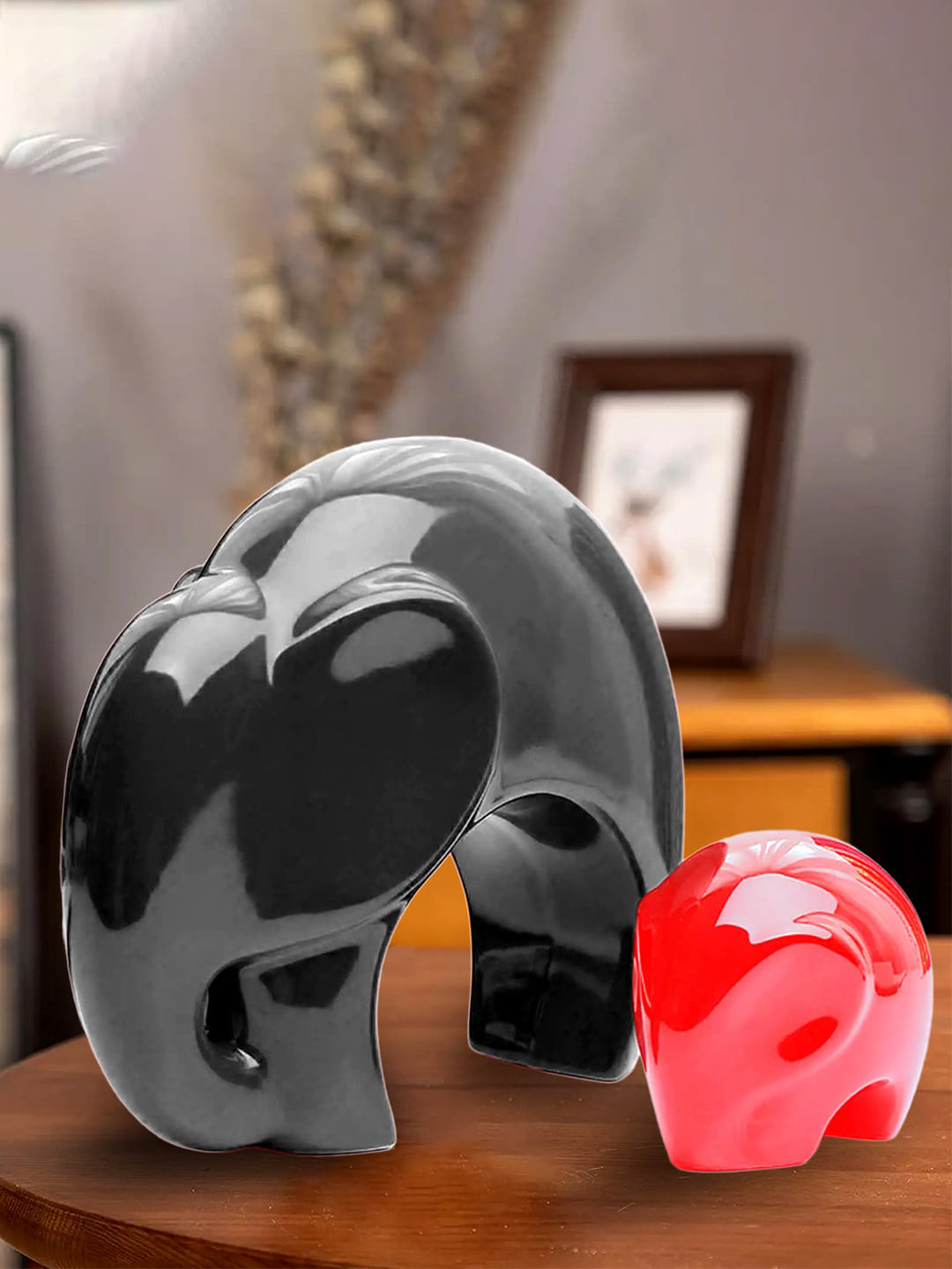 Kuber Industries Elephant Mother and Kid Black Ceramic Glossy Garden Set of 2 Medium Showpieces - 0.8 Inches