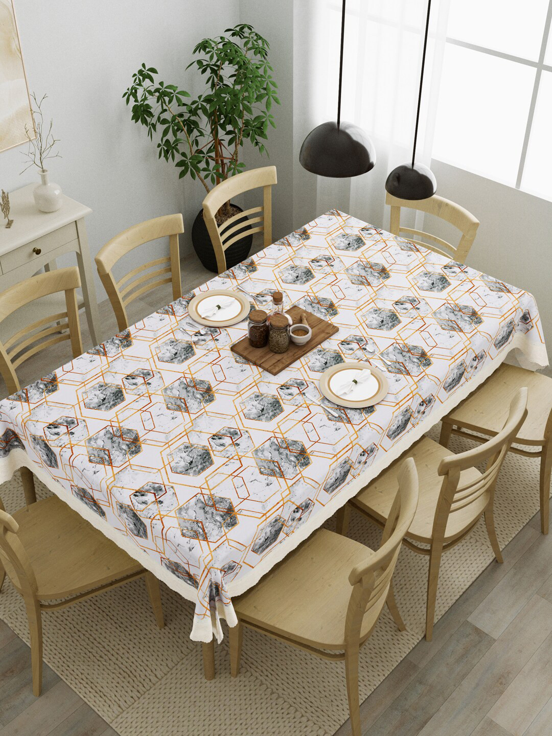 Clasiko White & Grey Printed 8 Seater Dining Table Cover