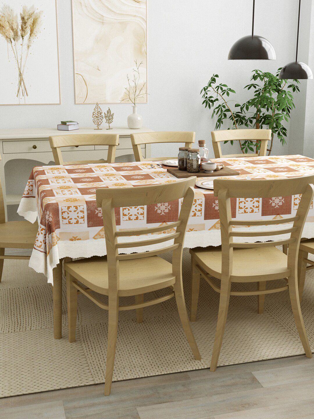 Clasiko Brown & White Printed 8 Seater Dining Table Cover